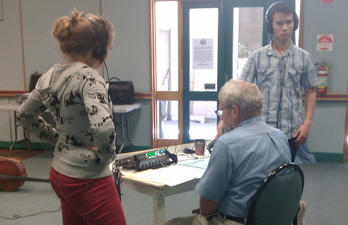 Members of the 2012 AYO String Quartet recording at 4MBS in Brisbane.