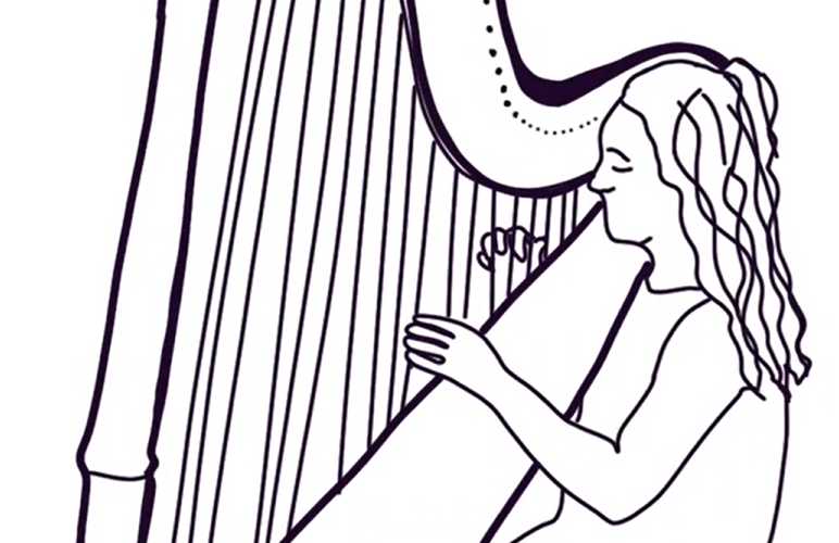 A black and white fine line illustration of a girl with wavy hair playing the harp. Drawn by Alison Wormell.