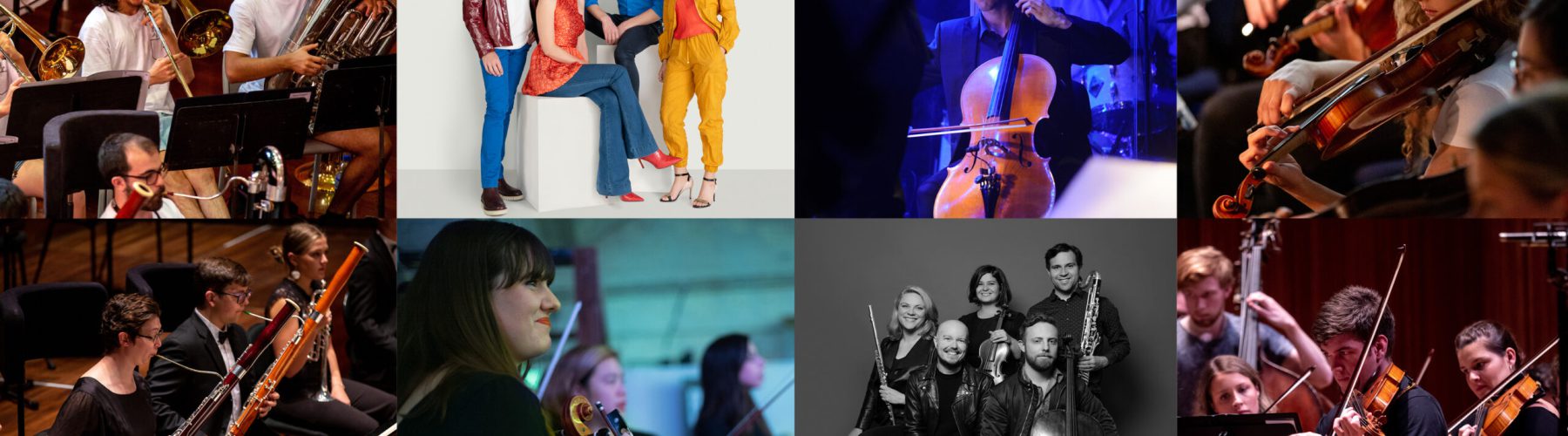 A collage of photos of AYO alumni performing with their ensembles.