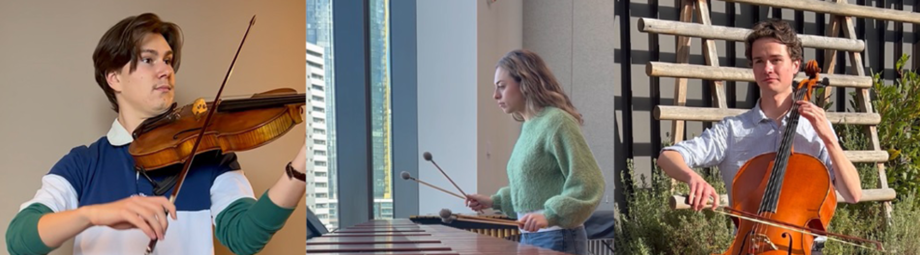Three photos of young musicians playing their instruments edited side-by-side.