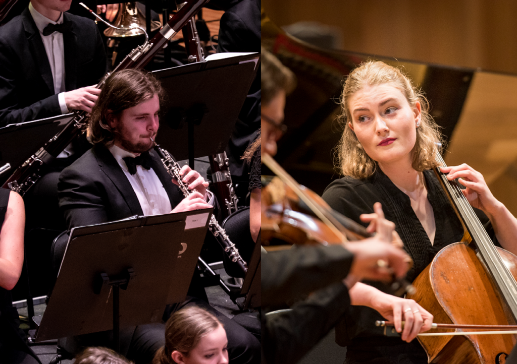 Two photos edited side by side: on the left, a young oboist performs in an orchestra, on the right a young cellist persons a chamber ensemble.