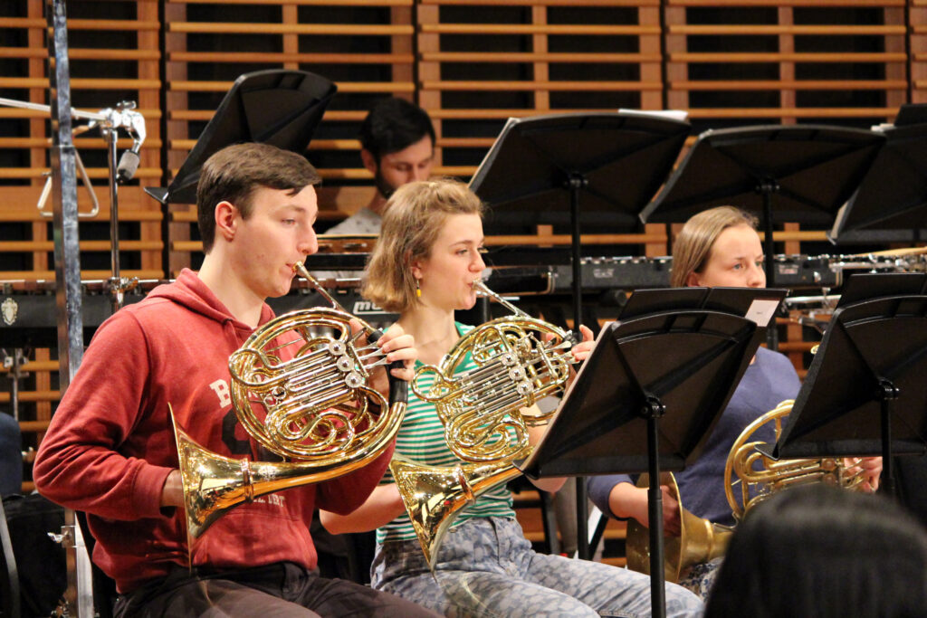 French horn section of the Australian Youth Orchestra rehearse in Sydney ahead of the July 2018 performance.