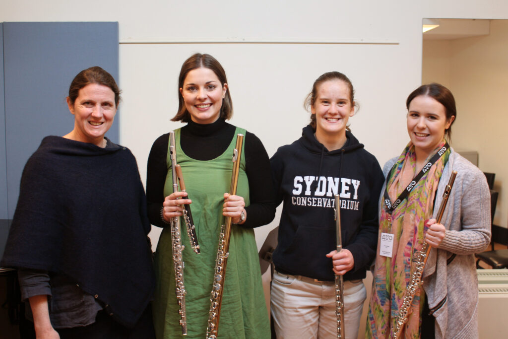 Flautists of the Australian Youth Orchestra pictured with their tutor Carolyn Harris in 2018.