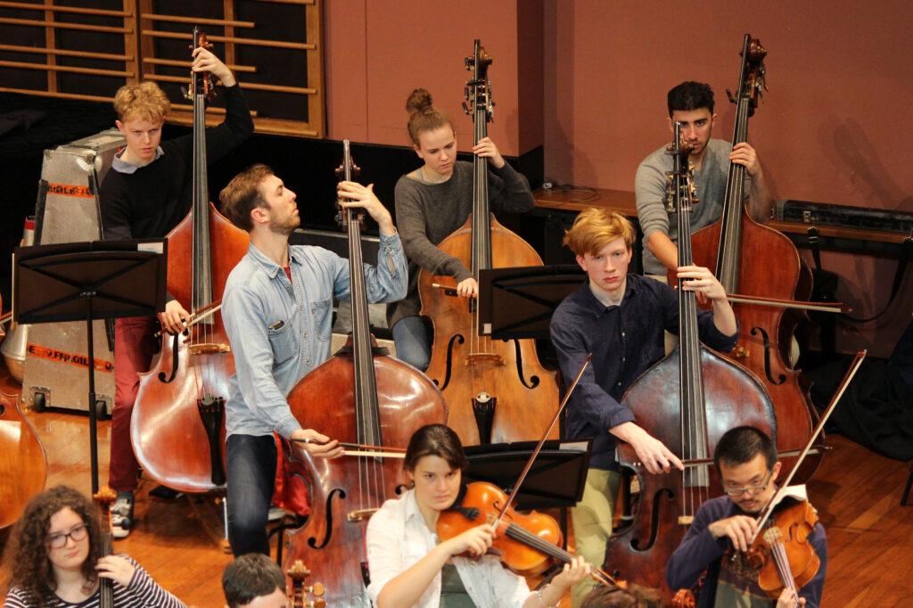 Double bassists of the Australian Youth Orchestra during a string sectional in 2018.