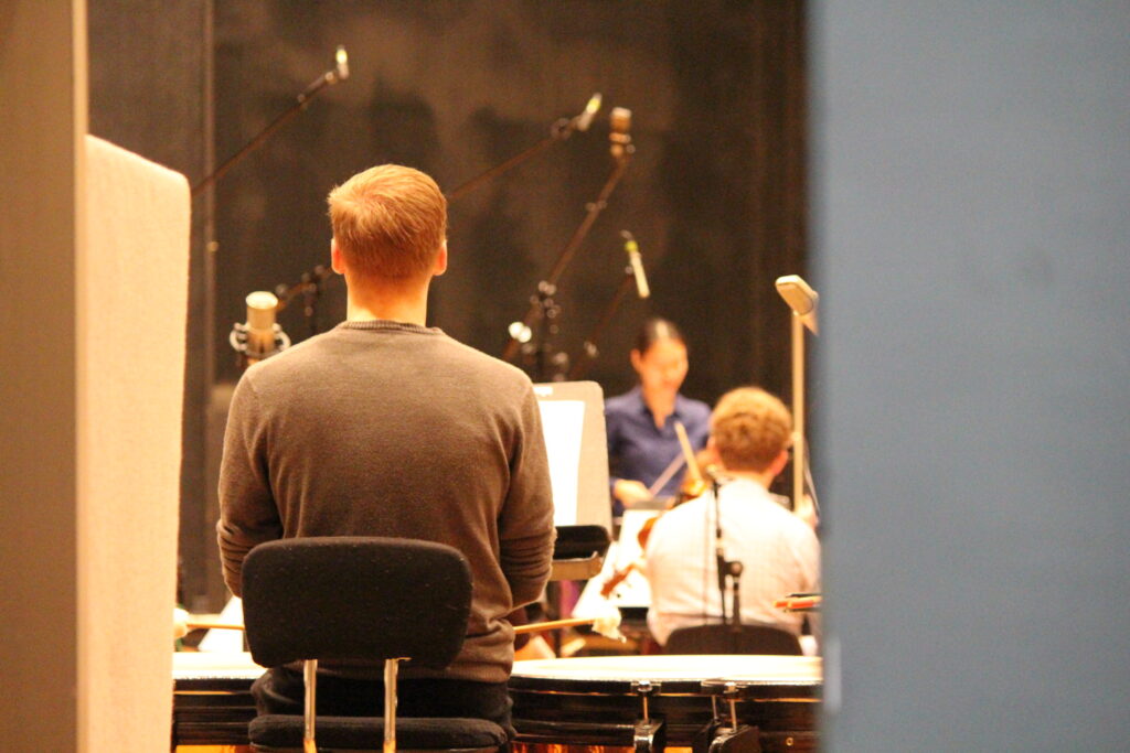 Momentum Ensemble musicians record fanfares for the Artology Fanfare Competition at Trackdown Studios in 2018.