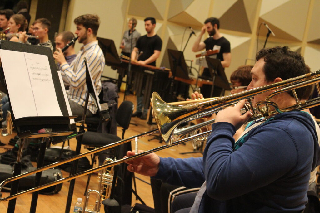 Momentum Ensemble musicians record fanfares for the Artology Fanfare Competition at Trackdown Studios in 2018.