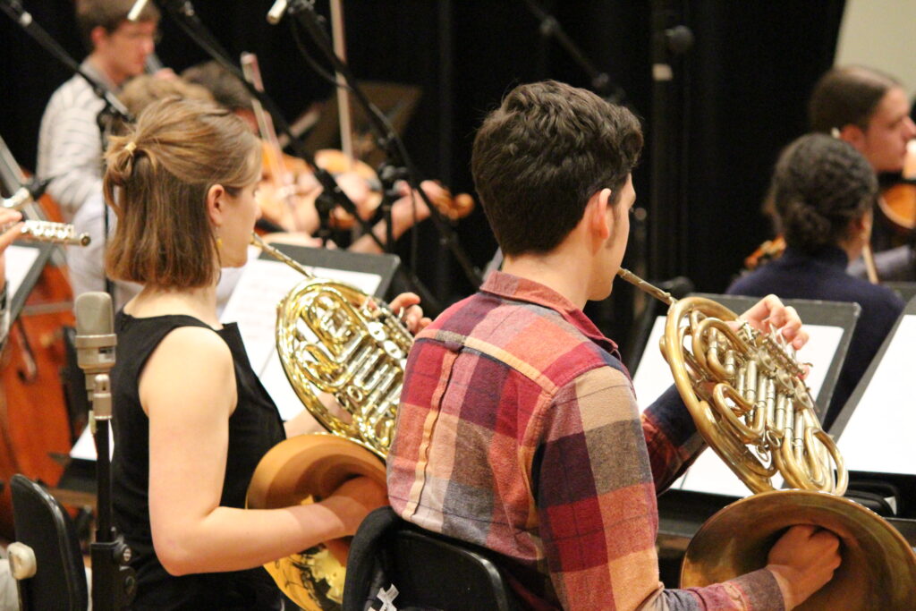 Momentum Ensemble musicians record fanfares for the Artology Fanfare Competition at Trackdown Studios in 2018.