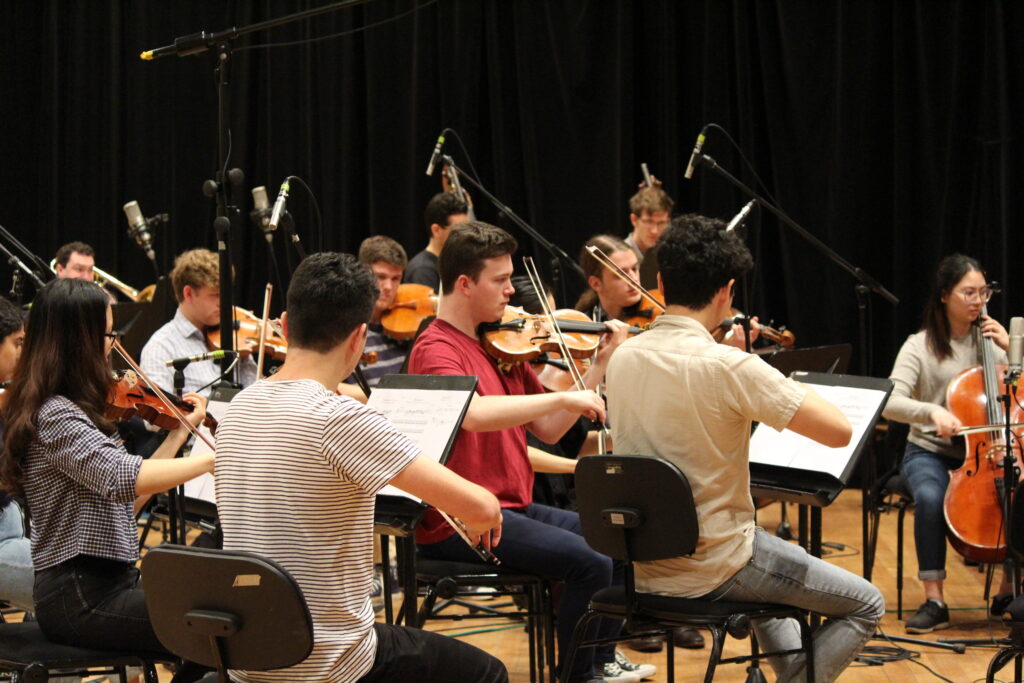 Momentum Ensemble musicians record fanfares for the Artology Fanfare Competition at Trackdown Studios in 2018.