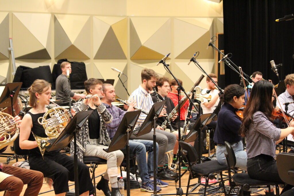 Momentum Ensemble musicians record fanfares for the Artology Fanfare Competition at Trackdown Studios in 2018.