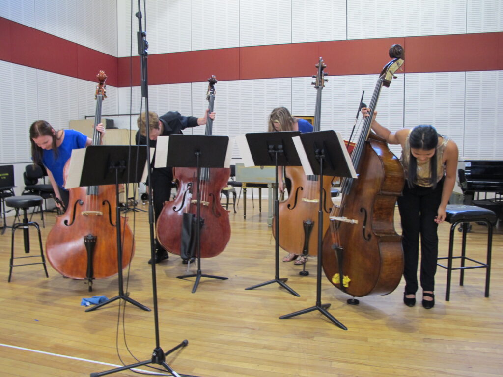 Four double-bassists bow after a performance