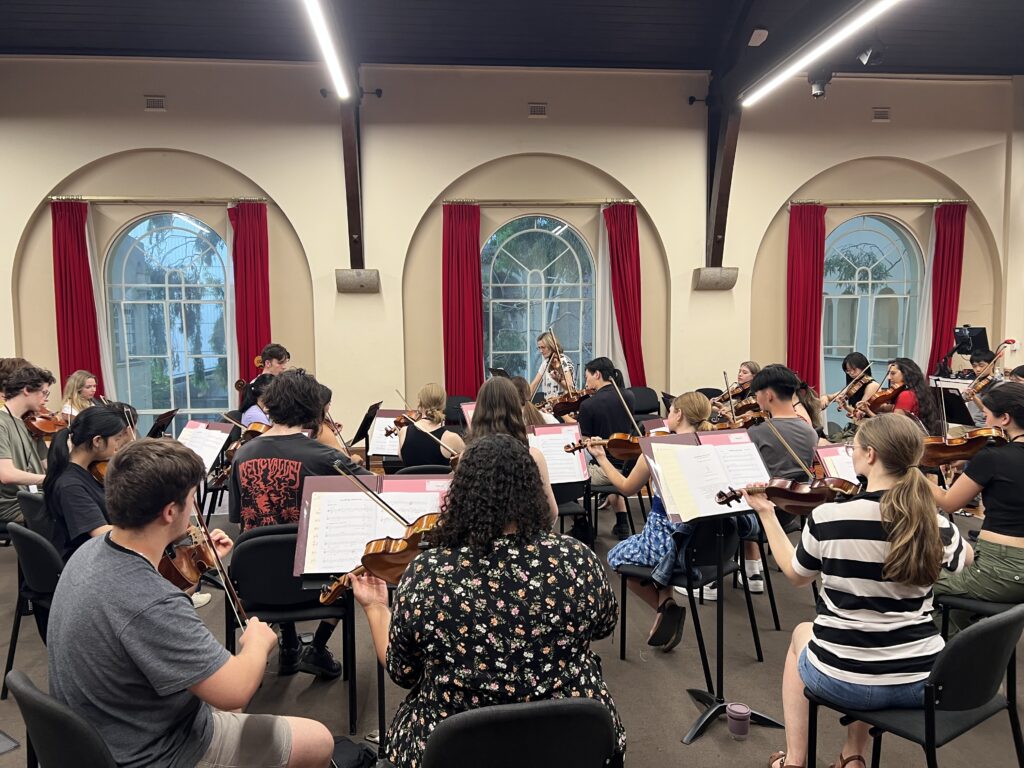 A chamber orchestra rehearses in a room. 