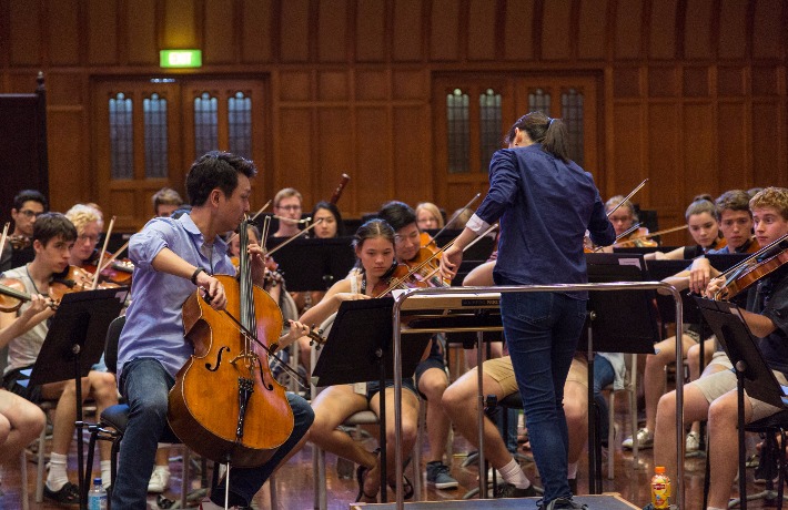 Cellist Li-Wei Qin in rehearsal with Alexander Orchestra at AYO National Music Camp 2017.