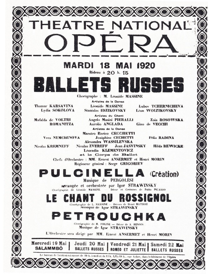 The poster from the 1920 premiere of the Ballet Russes production 'Pulcinella'