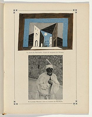 Page from a book containing a set design drawing by Picasso, and a photo of Léonide Massine in costume as one of the Pulcinellas.