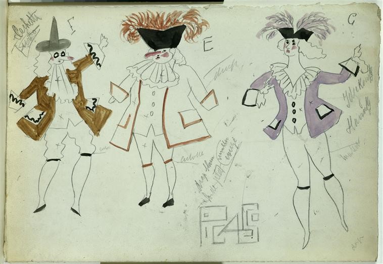 Costume designs for the production of 'Pulcinella' drawn by Pablo Picasso