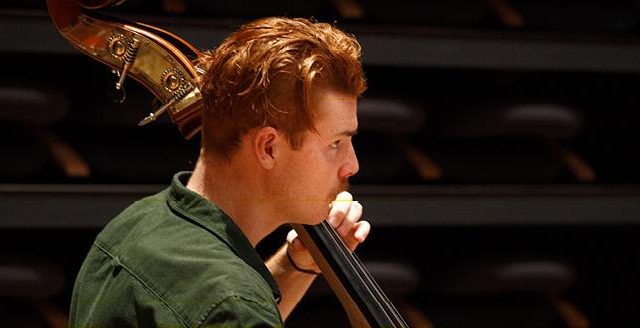 AYO musician pictured playing double bass. They are facing right of frame and wearing a dark green shirt.