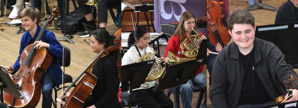 A collage of rehearsal and performance photos from AYO Young Symphonists 2023.