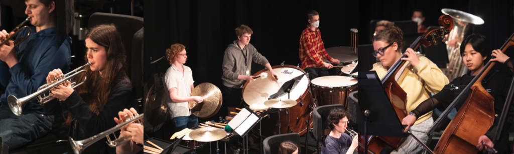 A collage of rehearsal and performance photos from AYO Young Symphonists 2023.