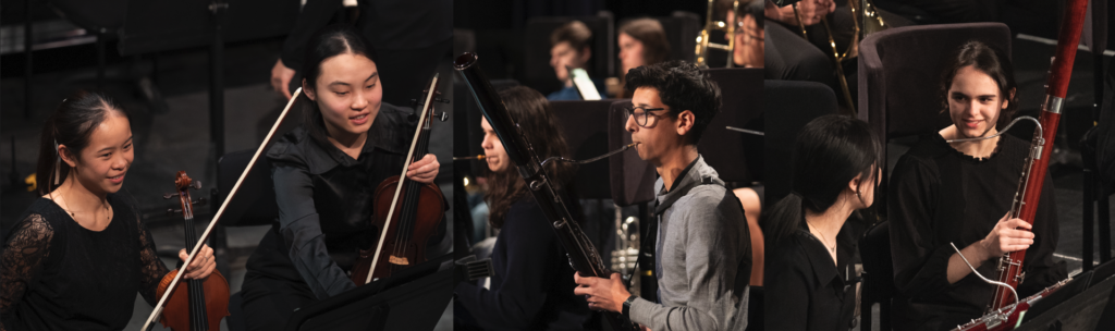 A collage of rehearsal and performance photos from AYO Young Symphonists 2023.