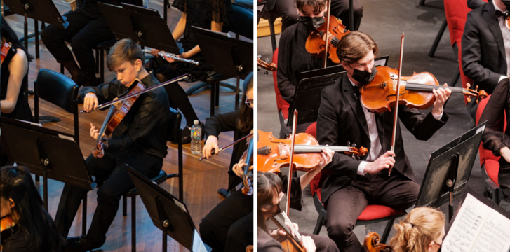 A composite image showing a young man with light brown hair plays a viola in concert black attire. The image on the left is dated from 2019 and the image on the right is three years later.