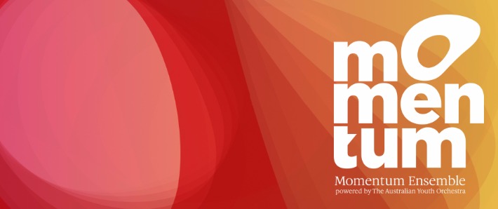 Momentum logo in white with orange, red, yellow and pink background